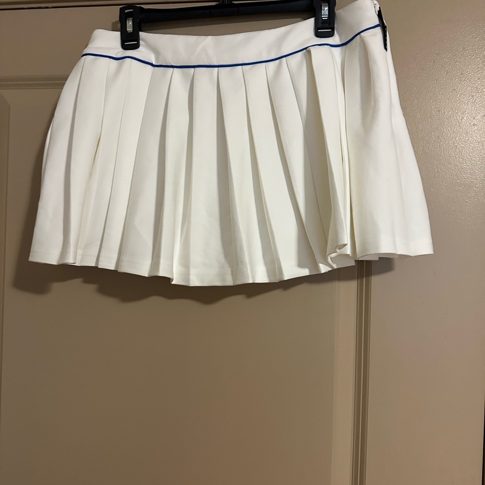 White Pleated Skirt with Blue Trim